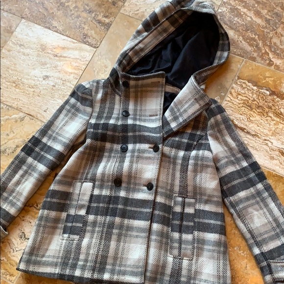 Zara hooded coat charcoal white beige plaid VGUC - Picture 2 of 8